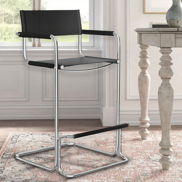 HomeRoots 30" Modern Black and Silver Leather Bar Chair - Stylish Steel Frame, Comfort for Home & Cafe Use 667640