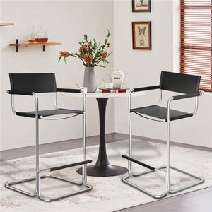 HomeRoots 30" Modern Black and Silver Leather Bar Chair - Stylish Steel Frame, Comfort for Home & Cafe Use 667640