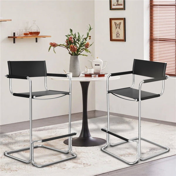 HomeRoots 30" Modern Black and Silver Leather Bar Chair - Stylish Steel Frame, Comfort for Home & Cafe Use 667640