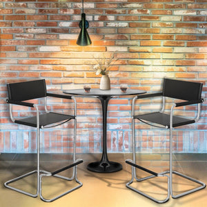 HomeRoots 30" Modern Black and Silver Leather Bar Chair - Stylish Steel Frame, Comfort for Home & Cafe Use 667640