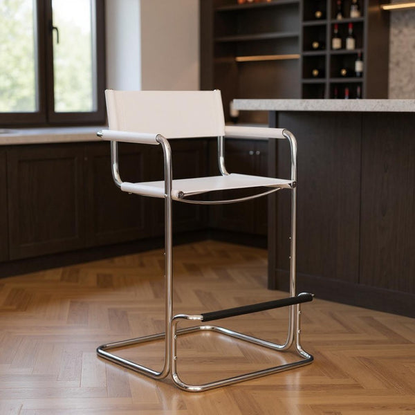 HomeRoots 30" Stylish White & Silver Leather Bar Chair - Mid-Century Modern Design for Home Bars & Kitchens 667641