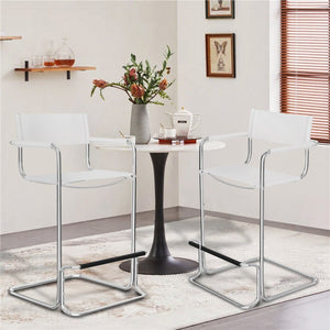 HomeRoots 30" Stylish White & Silver Leather Bar Chair - Mid-Century Modern Design for Home Bars & Kitchens 667641