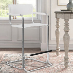 HomeRoots 30" Stylish White & Silver Leather Bar Chair - Mid-Century Modern Design for Home Bars & Kitchens 667641