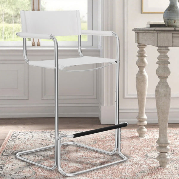 HomeRoots 30" Stylish White & Silver Leather Bar Chair - Mid-Century Modern Design for Home Bars & Kitchens 667641