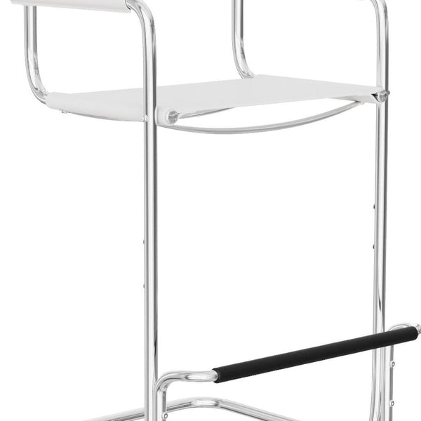 HomeRoots 30" Stylish White & Silver Leather Bar Chair - Mid-Century Modern Design for Home Bars & Kitchens 667641