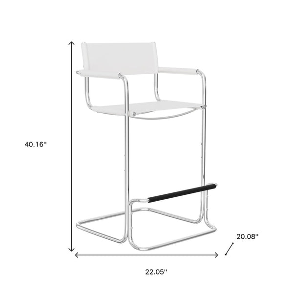 HomeRoots 30" Stylish White & Silver Leather Bar Chair - Mid-Century Modern Design for Home Bars & Kitchens 667641