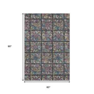 HomeRoots 5' X 8' Stylish Medallion Area Rug in Black, Purple & Teal - Washable, UV Protected for Homes 667675
