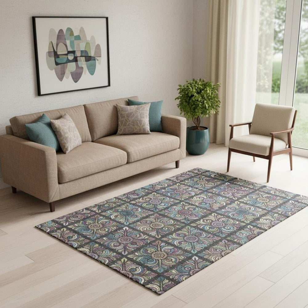HomeRoots 5' X 8' Stylish Medallion Area Rug in Black, Purple & Teal - Washable, UV Protected for Homes 667675