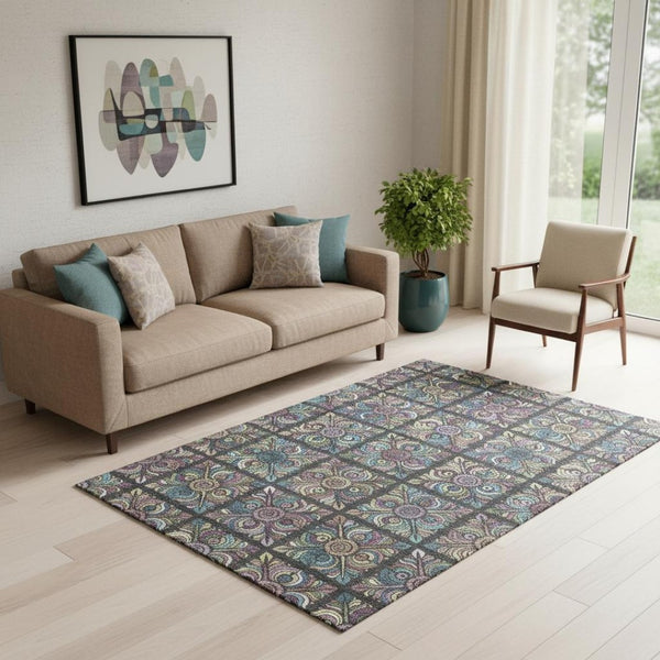 HomeRoots 5' X 8' Stylish Medallion Area Rug in Black, Purple & Teal - Washable, UV Protected for Homes 667675