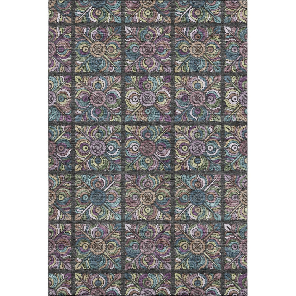HomeRoots 5' X 8' Stylish Medallion Area Rug in Black, Purple & Teal - Washable, UV Protected for Homes 667675