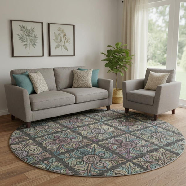 HomeRoots 8' Vibrant Black Purple Teal Medallion Round Rug - Washable, UV Protected & Durable for Kids & Pets 667676