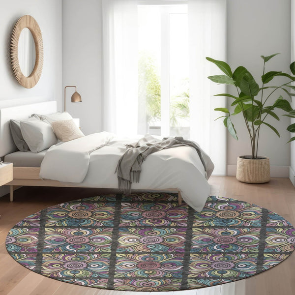 HomeRoots 8' Vibrant Black Purple Teal Medallion Round Rug - Washable, UV Protected & Durable for Kids & Pets 667676