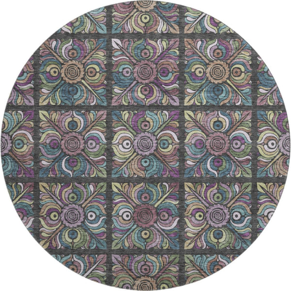 HomeRoots 8' Vibrant Black Purple Teal Medallion Round Rug - Washable, UV Protected & Durable for Kids & Pets 667676