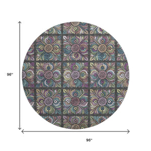 HomeRoots 8' Vibrant Black Purple Teal Medallion Round Rug - Washable, UV Protected & Durable for Kids & Pets 667676