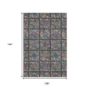 HomeRoots 9' X 12' Medallion Area Rug in Black, Purple, and Teal - Washable, UV Protected, Durable Design 667678