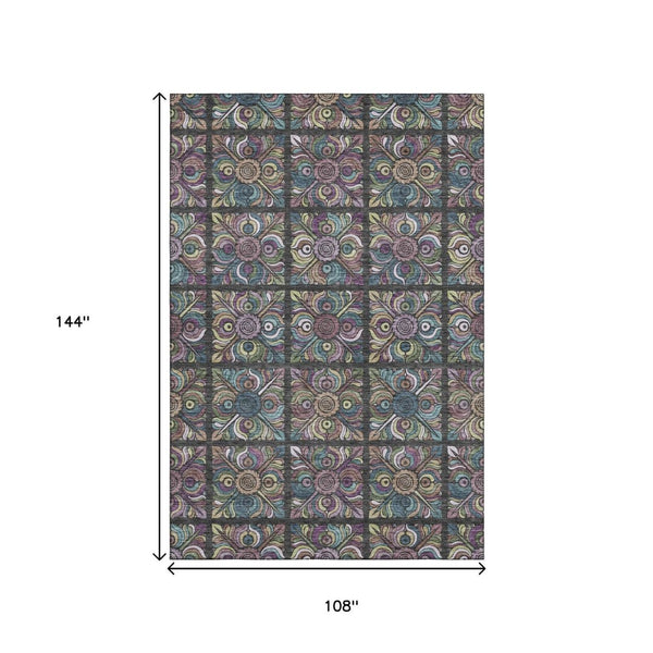 HomeRoots 9' X 12' Medallion Area Rug in Black, Purple, and Teal - Washable, UV Protected, Durable Design 667678