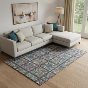 HomeRoots 9' X 12' Medallion Area Rug in Black, Purple, and Teal - Washable, UV Protected, Durable Design 667678