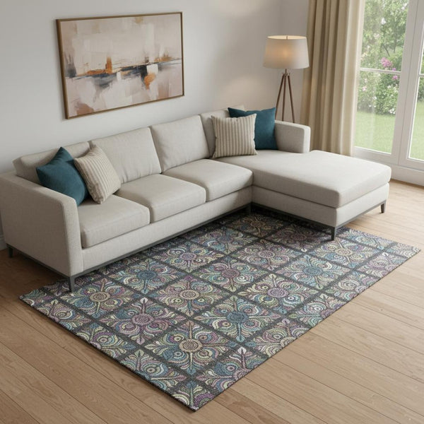 HomeRoots 9' X 12' Medallion Area Rug in Black, Purple, and Teal - Washable, UV Protected, Durable Design 667678