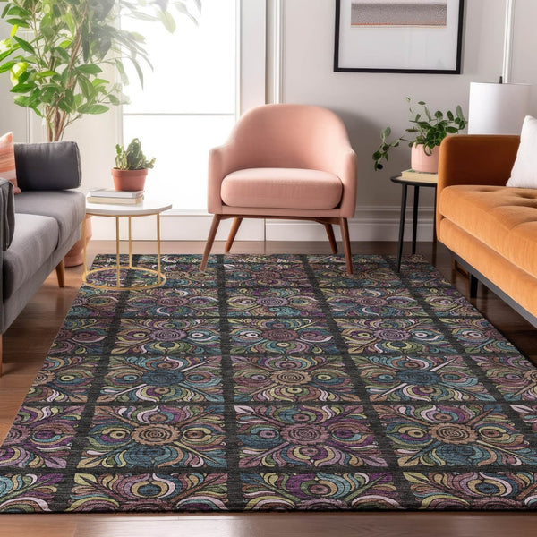 HomeRoots 9' X 12' Medallion Area Rug in Black, Purple, and Teal - Washable, UV Protected, Durable Design 667678
