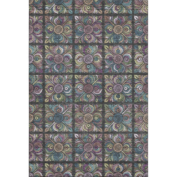 HomeRoots 9' X 12' Medallion Area Rug in Black, Purple, and Teal - Washable, UV Protected, Durable Design 667678
