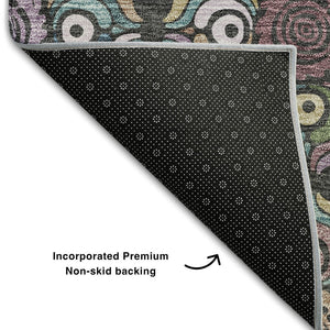 HomeRoots 9' X 12' Medallion Area Rug in Black, Purple, and Teal - Washable, UV Protected, Durable Design 667678