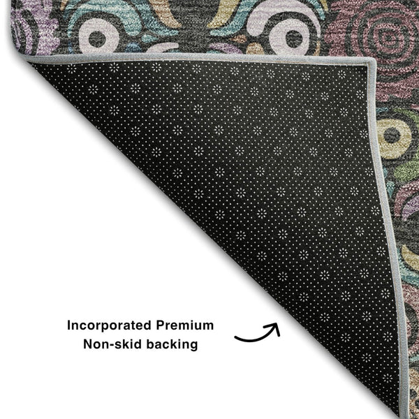 HomeRoots 9' X 12' Medallion Area Rug in Black, Purple, and Teal - Washable, UV Protected, Durable Design 667678