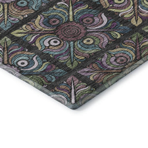 HomeRoots 9' X 12' Medallion Area Rug in Black, Purple, and Teal - Washable, UV Protected, Durable Design 667678