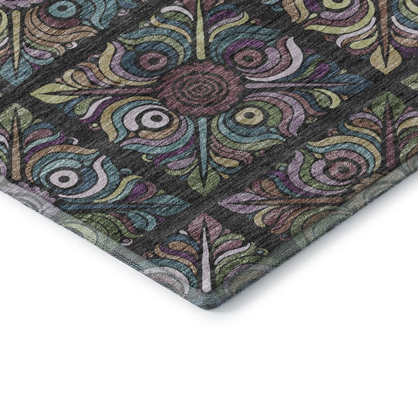 HomeRoots 9' X 12' Medallion Area Rug in Black, Purple, and Teal - Washable, UV Protected, Durable Design 667678