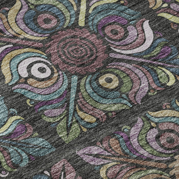 HomeRoots 9' X 12' Medallion Area Rug in Black, Purple, and Teal - Washable, UV Protected, Durable Design 667678