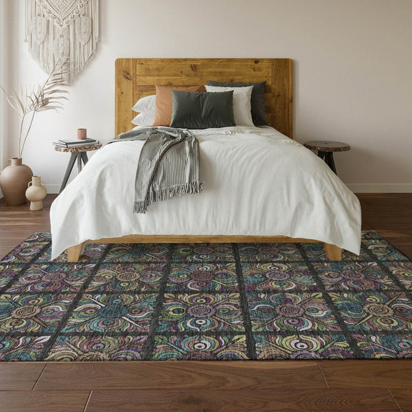 HomeRoots 9' X 12' Medallion Area Rug in Black, Purple, and Teal - Washable, UV Protected, Durable Design 667678