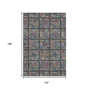 HomeRoots 10' Medallion Area Rug in Black, Purple & Teal - Washable, UV-Protected, Stain-Resistant Design! 667679