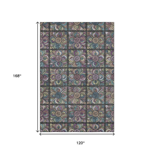 HomeRoots 10' Medallion Area Rug in Black, Purple & Teal - Washable, UV-Protected, Stain-Resistant Design! 667679