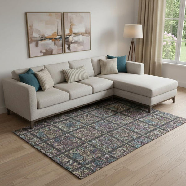 HomeRoots 10' Medallion Area Rug in Black, Purple & Teal - Washable, UV-Protected, Stain-Resistant Design! 667679
