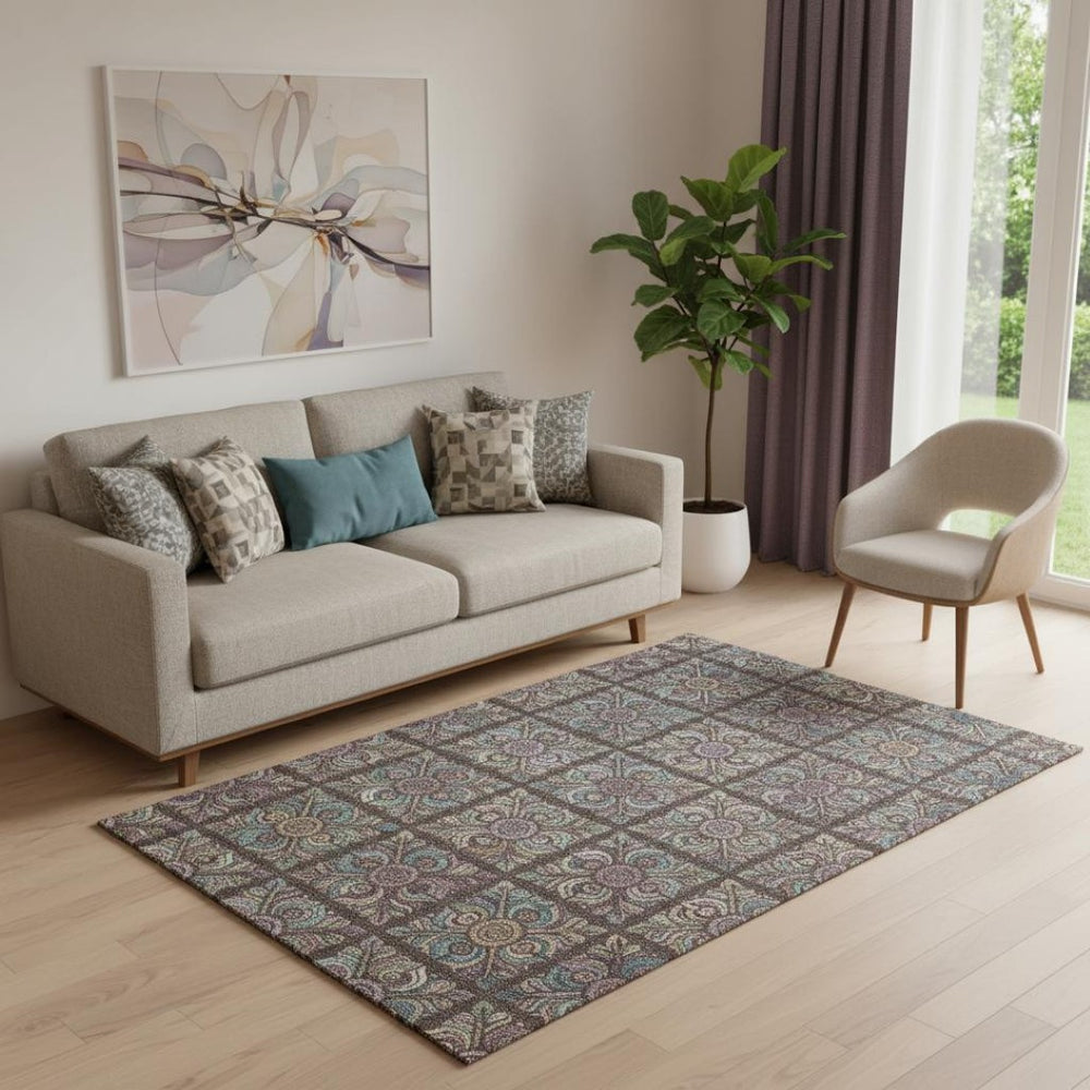 HomeRoots 5' X 8' Medallion Area Rug in Chocolate, Purple & Teal – Washable, UV Protected & Pet-Friendly Design! 667681