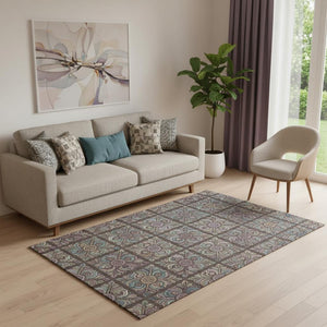 HomeRoots 5' X 8' Medallion Area Rug in Chocolate, Purple & Teal – Washable, UV Protected & Pet-Friendly Design! 667681