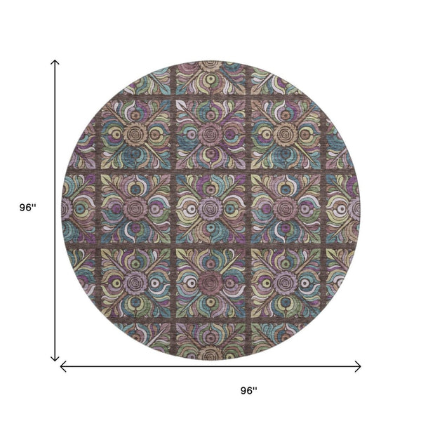 HomeRoots 8' Round Medallion Rug in Chocolate, Purple & Teal - Washable, UV-Protected, Stain Resistant Design! 667682