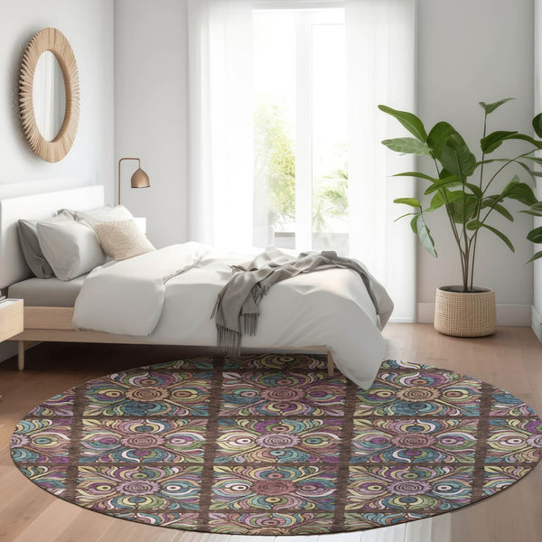 HomeRoots 8' Round Medallion Rug in Chocolate, Purple & Teal - Washable, UV-Protected, Stain Resistant Design! 667682