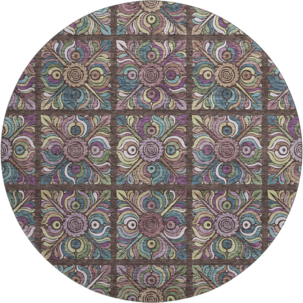 HomeRoots 8' Round Medallion Rug in Chocolate, Purple & Teal - Washable, UV-Protected, Stain Resistant Design! 667682