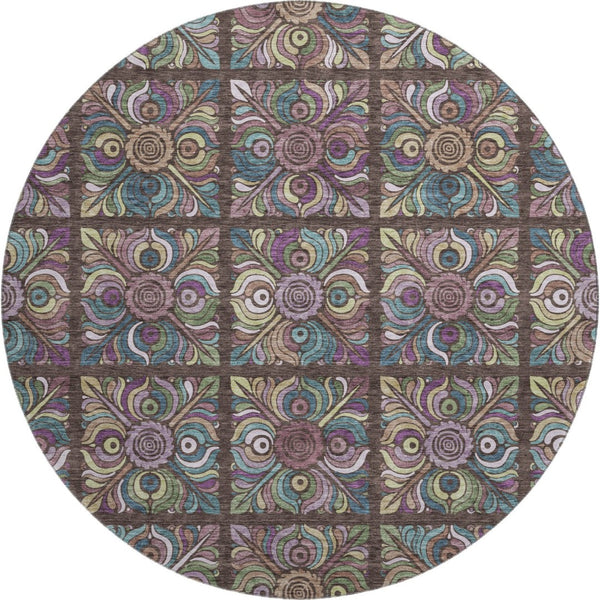 HomeRoots 8' Round Medallion Rug in Chocolate, Purple & Teal - Washable, UV-Protected, Stain Resistant Design! 667682