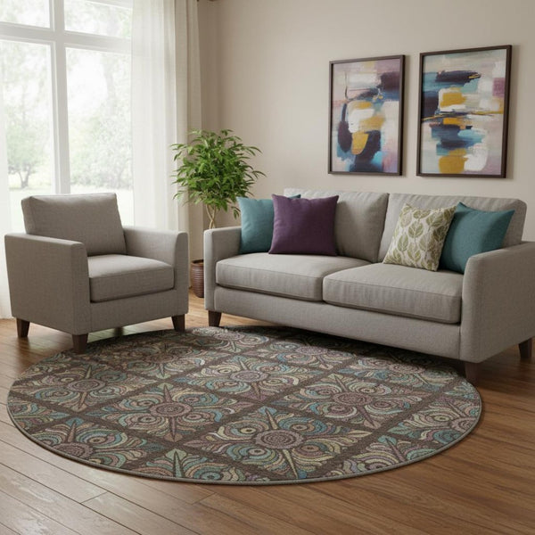 HomeRoots 8' Round Medallion Rug in Chocolate, Purple & Teal - Washable, UV-Protected, Stain Resistant Design! 667682