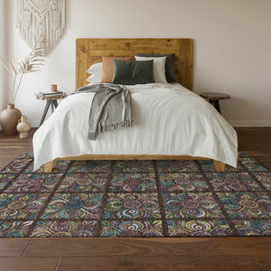 HomeRoots 8' X 10' Washable Chocolate Purple Teal Medallion Area Rug - UV Protected, Stain Resistant Design 667683