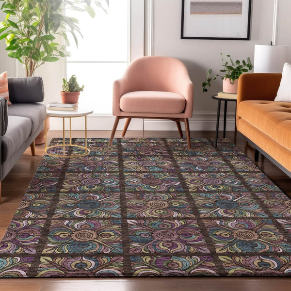 HomeRoots 8' X 10' Washable Chocolate Purple Teal Medallion Area Rug - UV Protected, Stain Resistant Design 667683