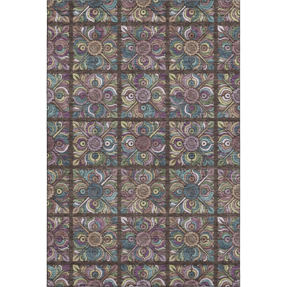 HomeRoots 8' X 10' Washable Chocolate Purple Teal Medallion Area Rug - UV Protected, Stain Resistant Design 667683