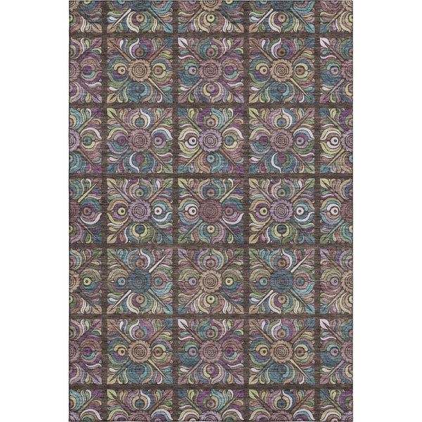 HomeRoots 8' X 10' Washable Chocolate Purple Teal Medallion Area Rug - UV Protected, Stain Resistant Design 667683