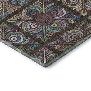 HomeRoots 8' X 10' Washable Chocolate Purple Teal Medallion Area Rug - UV Protected, Stain Resistant Design 667683
