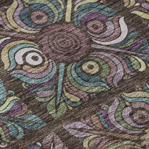 HomeRoots 8' X 10' Washable Chocolate Purple Teal Medallion Area Rug - UV Protected, Stain Resistant Design 667683