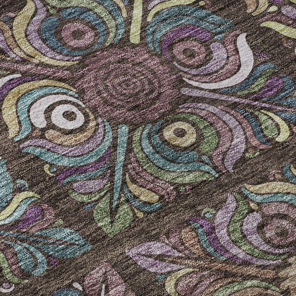 HomeRoots 8' X 10' Washable Chocolate Purple Teal Medallion Area Rug - UV Protected, Stain Resistant Design 667683