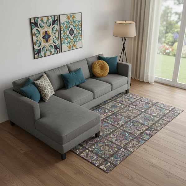 HomeRoots 8' X 10' Washable Chocolate Purple Teal Medallion Area Rug - UV Protected, Stain Resistant Design 667683