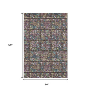 HomeRoots 8' X 10' Washable Chocolate Purple Teal Medallion Area Rug - UV Protected, Stain Resistant Design 667683