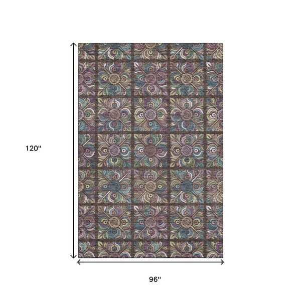 HomeRoots 8' X 10' Washable Chocolate Purple Teal Medallion Area Rug - UV Protected, Stain Resistant Design 667683